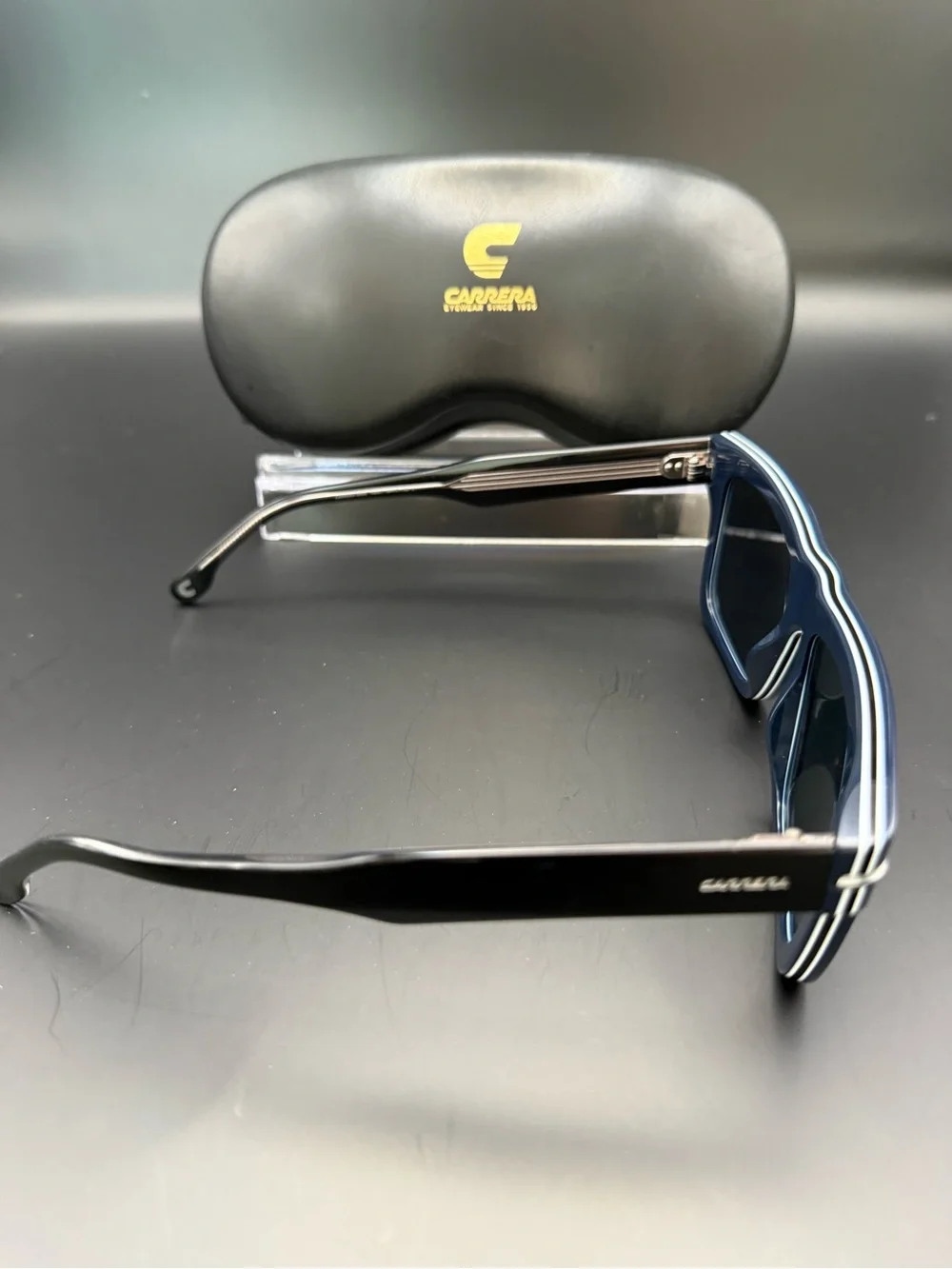 Carrera Blue Lens Black Frame Sunglasses with Protective Case